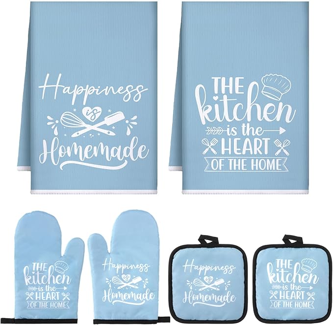 Sratte 6 Pcs Kitchen Decor Accessories Set Farmhouse Towels Pot Holders Oven Mitts Set 2 Dish Towels 2 Potholders 2 Cooking Mittens Oven Glove for Christmas Baking Cooking Supply(Light Blue,Kitchen)