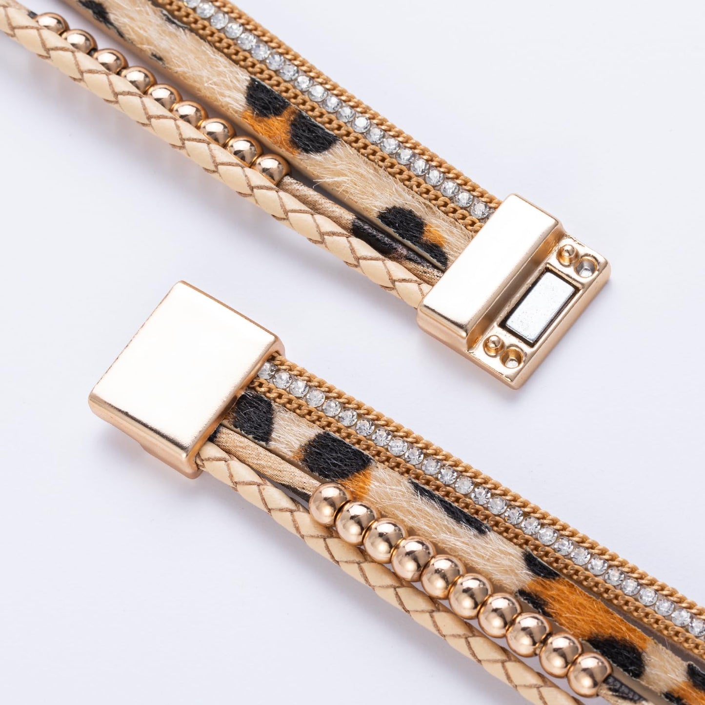 FANCY SHINY Boho Leather Wrap Bracelet Stackable Beaded Infinity Chunky Cuff Bracelets with Magnetic Clasp Western Hippie Outfits Jewelry Gifts for Women(Leopard)