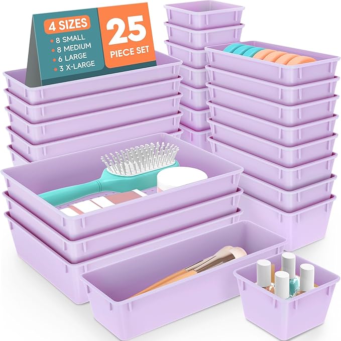 WOWBOX 25 PCS Plastic Drawer Organizer Set, 4 Sizes Desk Drawer Divider Organizers and Storage Bins for Makeup, Jewelry, Gadgets for Kitchen, Bedroom, Bathroom, Office, Purple