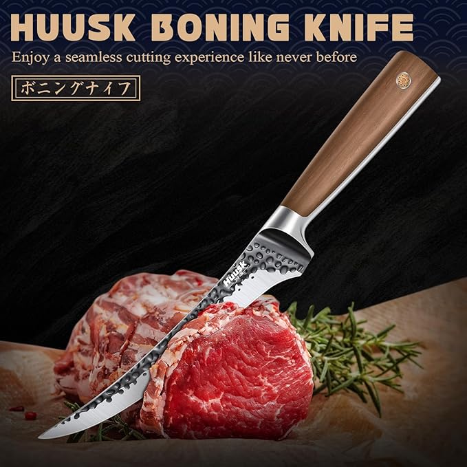 Huusk Boning Knife 6 Inch Fillet Knife for Meat Brisket Trimming Knives Japan Hand Forged Deboning Knives Full Tang Meat Cutting Butcherig for Kitchen Cooking BBQ