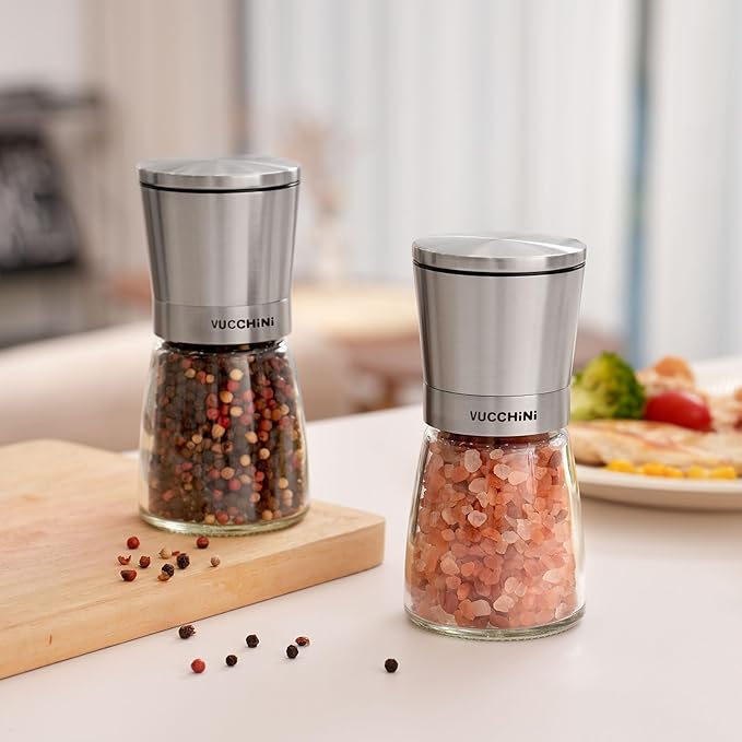 VUCCHINI Salt and Pepper Grinder Set - Adjustable Stainless Steel Spice Ceramic Grinders Mill Shaker for Kitchen Table - Stainless Steel color