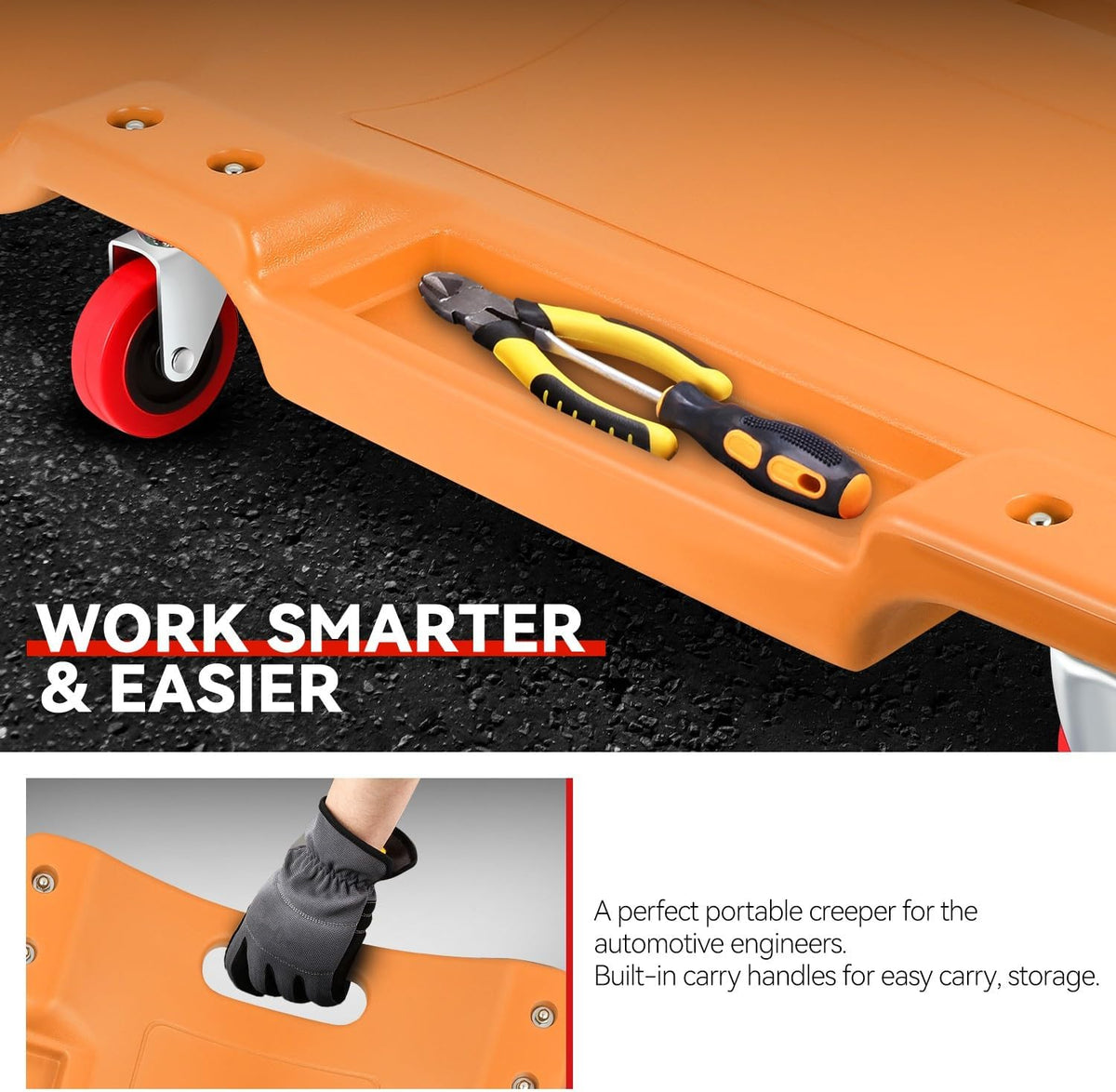 Auto Dynasty 36 Inches Mechanic Creeper, Automotive Garage Repair Low Profile Under Car Rolling Creeper with Padded Headrest, Plastic, Orange