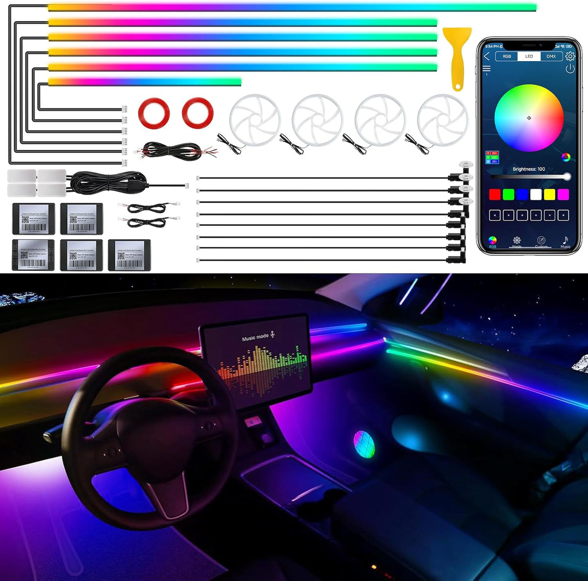 Dream+Color Acrylic Interior Car LED Strip Light with APP, RGB 22 in 1 with 175 inches 600 LEDs Fiber Optic Ambient Lighting Kits, Dynamic Chasing Music Sync Neon LED Strip for Car Accessories