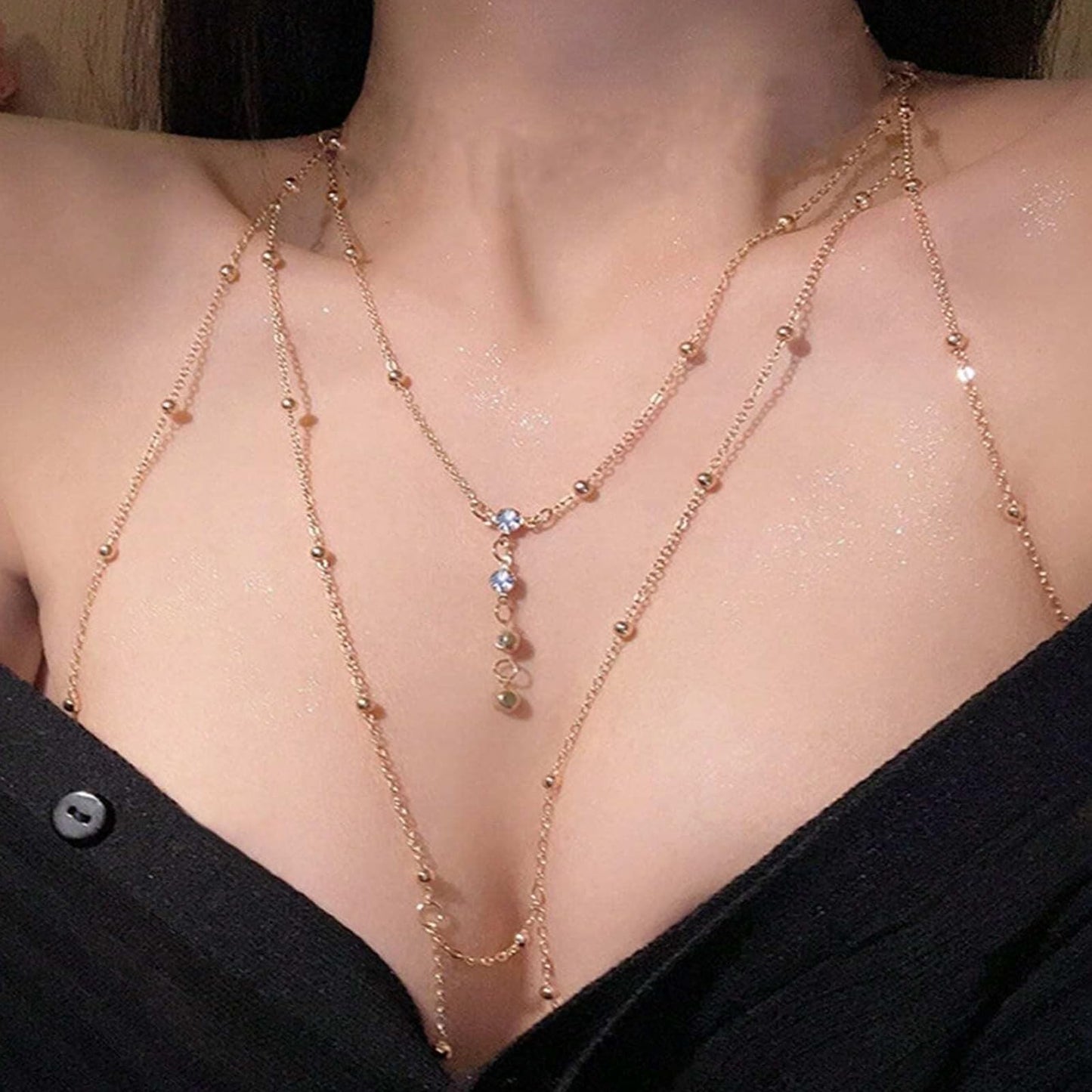 14K Gold Plated Body Chains for Women, Sexy Layered Belly Waist Chain Crossover Bikini Bra Chain, Summer Beach Rhinestone Body Jewelry(4 Imitation Diamonds)