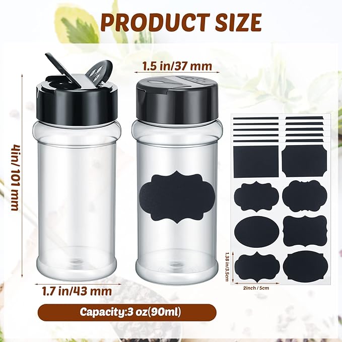 Eccliy 36 Pack 3 oz Clear Plastic Spice Jars with Label and Shaker Lids Empty Spice Bottles Seasoning Containers Seasoning Jars Shaker Condiment Pots for Pepper Herbs Powders(Black)