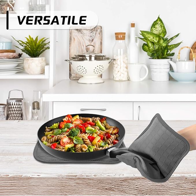 BPA-Free Soft Silicone 4 Piece Oven Mitts & Pot Holders Set - Ultra Heat Resistant Oven Mitts with Thick Cotton Liner - Long Slip Resistant Pot Holders, Flexible Oven Gloves - Gray
