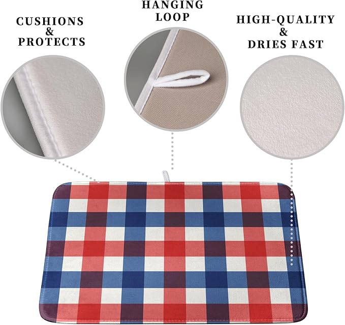 4th of July Dish Drying Mat Patriotic Buffalo Plaid Drying Mats for Kitchen Counter Absorbent Microfiber Dish Drainer Pad Independence Memorial Day Dish Draining Mat 16x18 Inch