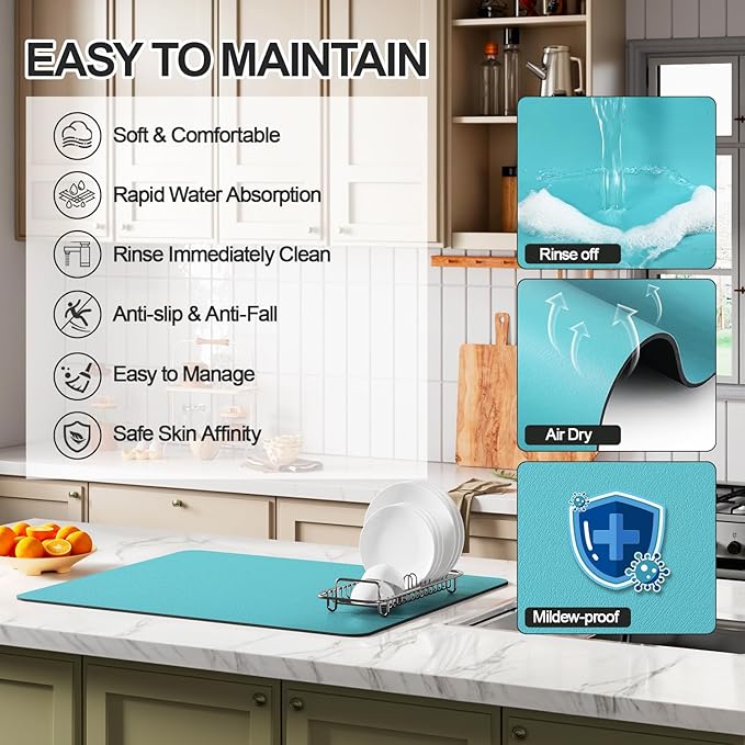 Ecotrim - Dish Drying Mat for Kitchen Counter | Coffee Bar Mat for Countertops | Heat Resistant Drainer Mat with Non-slip Rubber Backed | Hide Stain Kitchen Absorbent Draining Mat | Turquoise 18"x32"