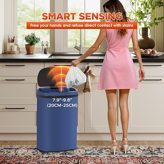 PayLessHere | 13 Gallon Stainless Steel Trash Can | Deep Blue | Automatic Touchless Lid with Motion Sensor | Kitchen Garbage Can with Waterproof Design | for Home, Office, Bathroom | Pack of 1