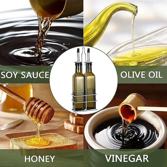 Glass Olive Oil Bottle - 250ml Second Generation Brown Oil & Vinegar Cruet with Pourers and Funnel - Olive Oil Carafe Decanter for Kitchen - (8.5 Oz Ounce)
