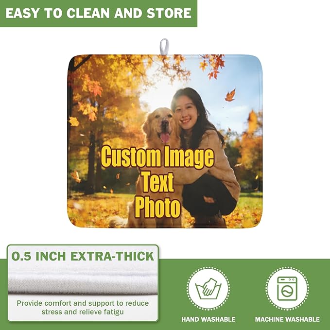 Personalized Dish Drying Mat for Kitchen Counter,Customized Drying Mats with Photo Text Image 16 x 18 Inch with High Absorbent Microfiber Drainer Mat for Coffee Bar