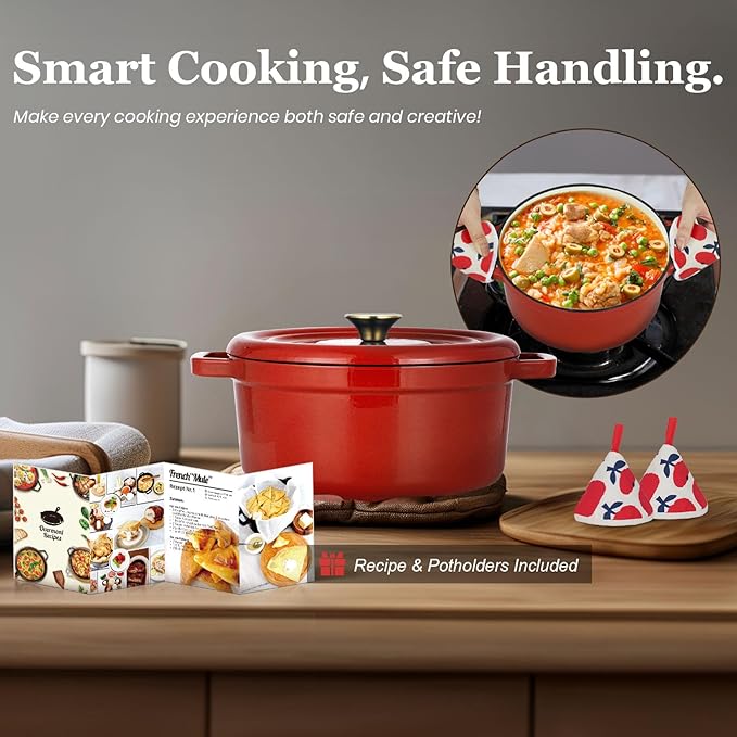 Overmont Enameled Cast Iron Dutch Oven - 5QT Pot with Lid Cookbook & Cotton Potholders - Heavy-Duty Cookware for Braising, Stews, Roasting, Sourdough Baking red