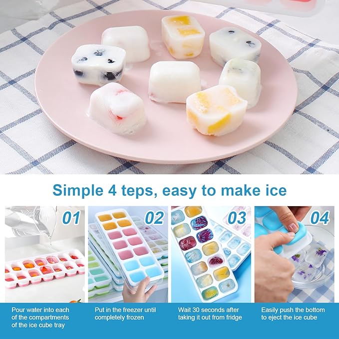 Ice Cube Tray with Lid, Easy-Release, Flexible, Ice Cube Tray, Spill-Resistant, for Freezer, Cocktail, Drinks, Coffee, 2 Pack 28 Pcs, Blue,1.1x2.8x7.2 in