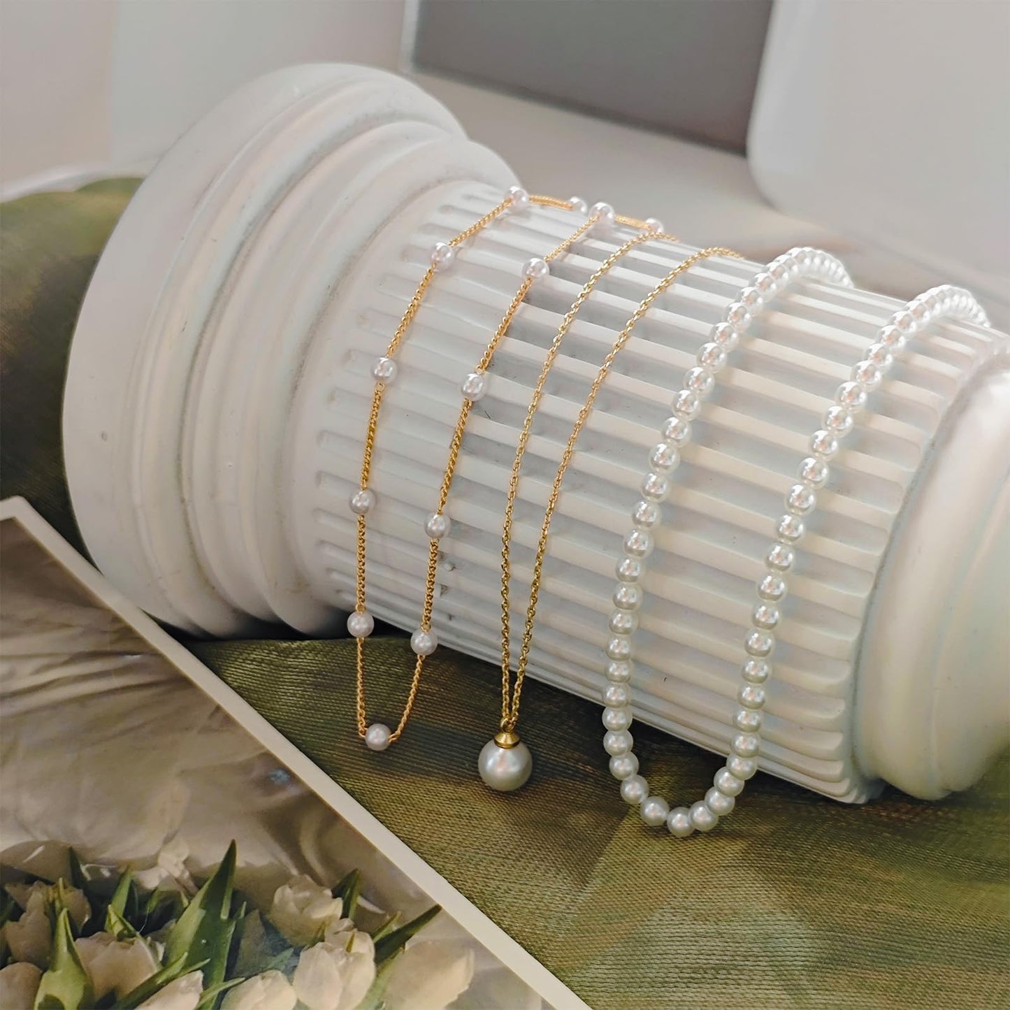 OGD Pearl Necklace for Women Trendy Layered 14K Gold Plated Dainty Pearls Pendant Choker Set Handmade Pearl Strand Gold Necklace Stack Simple Cute Jewelry Gifts for Women