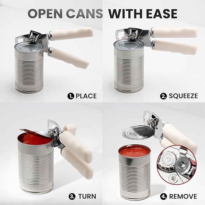 Zulay Kitchen Heavy Duty Stainless Steel Can Opener Manual with Bottle Opener - Rust Proof Manual Can Opener With Turn Knob & Comfy Soft Grip Handles - Cream