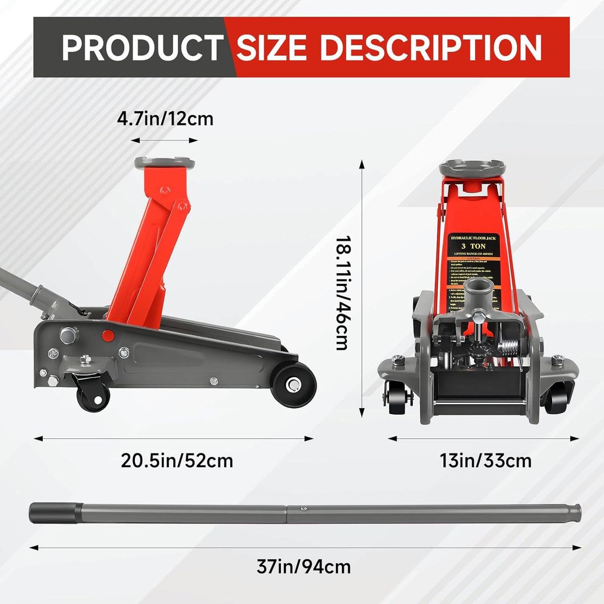 3 Ton Floor Jack,6600 LBS Heavy Duty Hydraulic Floor Jack,Lift Range:5.31'' -18.11'', Carbon Steel with Wheels for Cars,Suitable for Home,Garage and Repair Shops,Red