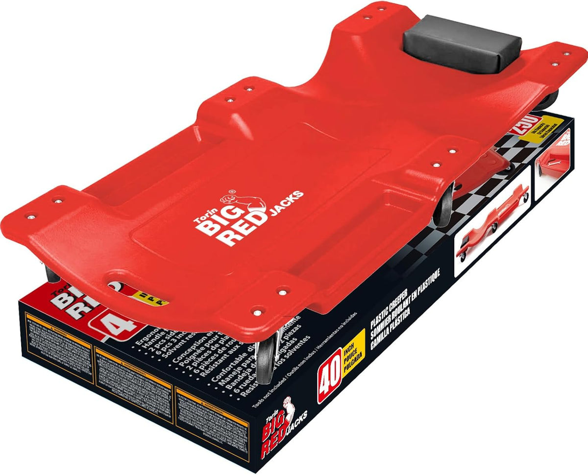 BIG RED TRP6240 Torin Blow Molded Plastic Rolling Garage/Shop Creeper: 40" Mechanic Cart with Padded Headrest, Dual Tool Trays and 6 Casters, Red