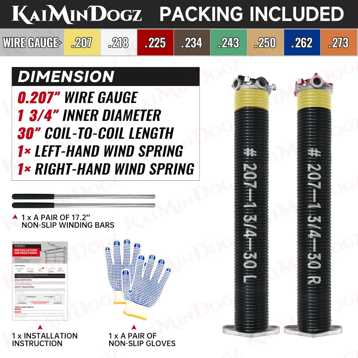 Pair of 1.75" Garage Door Torsion Springs Set with Non-Slip Winding Bars&Gloves, High Precision Electrophoresis Oil-Free Black Coated for Replacement, MIN 16,000 Cycles (0.207 x 1.75"x 30")