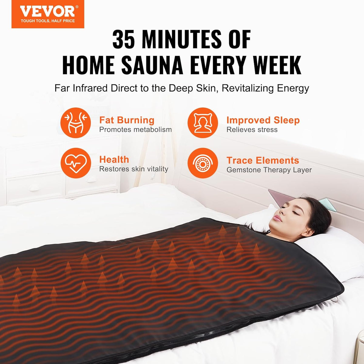 VEVOR Sauna Blanket for Detoxification, Portable Far Infrared Sauna for Home, PU Sauna Bag w/Therapy Stones & Carbon Fiber Heating, 1-6 Level Adjustable Temp 95-185℉, 1-60 Minutes Timer, 75 x 35in