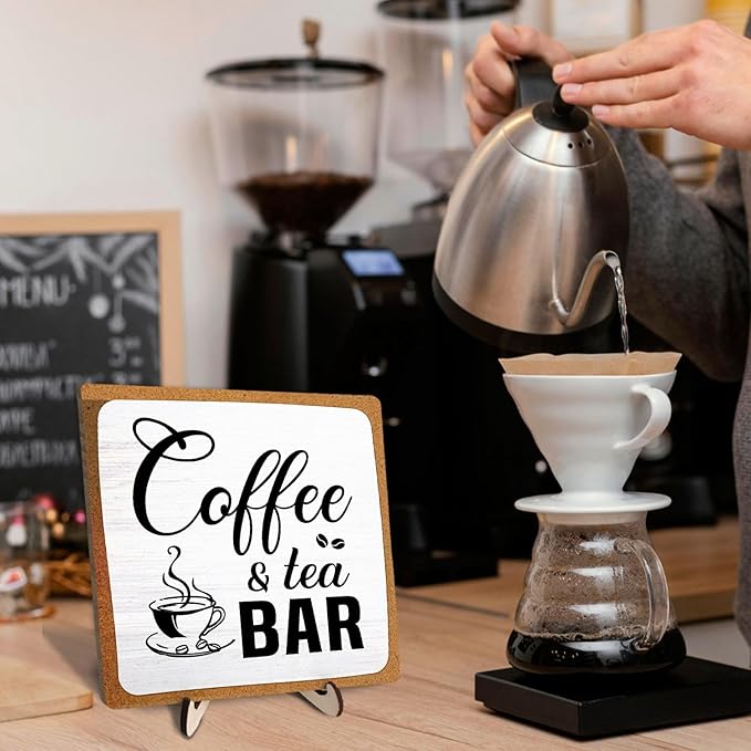 Rustic Coffee & Tea Bar Decor Sign,Funny Wooden Plaque for Cafe Bar,Coffee Station,or Shelf, Farmhouse Kitchen Cafe & Tea Accessories for Home or Office 5.9 x 5.9Inch(White+Brown04)