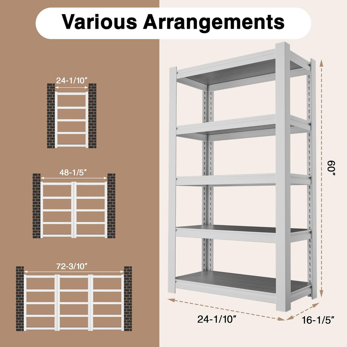 WORKPRO House 5-Tier Shelving Unit, 3000lbs Adjustable Storage Shelves, Boltless Book Shelf, Shelf Organizer for Kitchen, Living Room, Bathroom, Wood Grain Pattern, Waterproof Board, 24-1/10"W, White