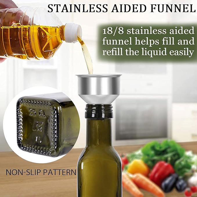 Glass Olive Oil Bottle - 250ml Second Generation Brown Oil & Vinegar Cruet with Pourers and Funnel - Olive Oil Carafe Decanter for Kitchen - (8.5 Oz Ounce)