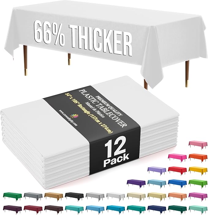 Party Solids 66% Thicker Premium Plastic Table Cloth Rectangle Table Cover 0.5 Mil 12 Pack White Table Cloth 54 Inch x 108 Inch Disposable Tablecloth Won't Tear Easily Like Cheap Thin Brands
