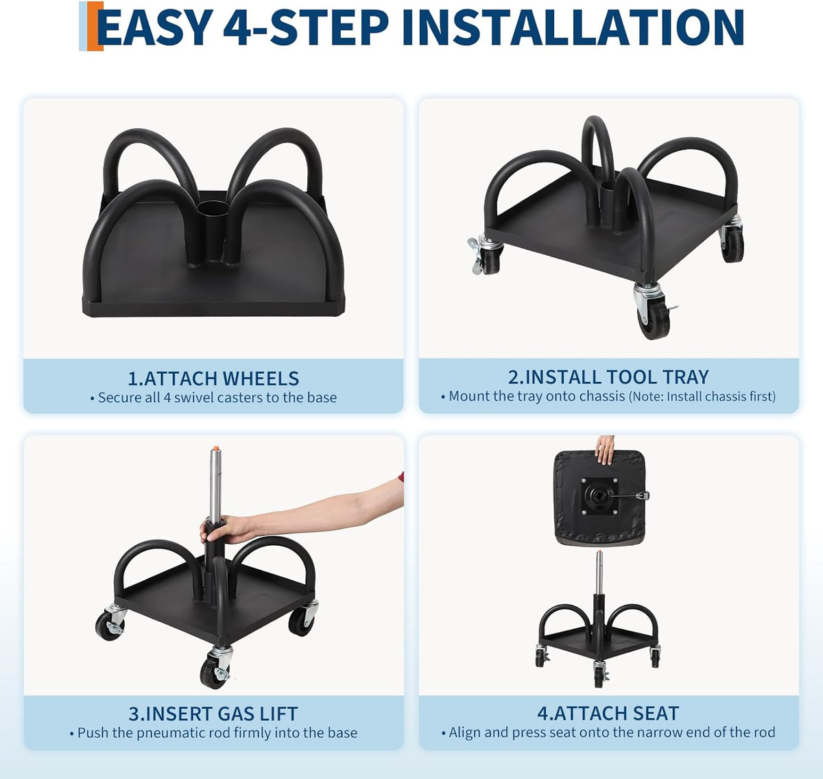 Garage Stool, 19”-25” Adjustable Rolling Mechanic Stool with Universal Wheels, Removable Magnetic Tool Tray, 300LBS Capacity, Roller Creeper Seat, Shop Chair