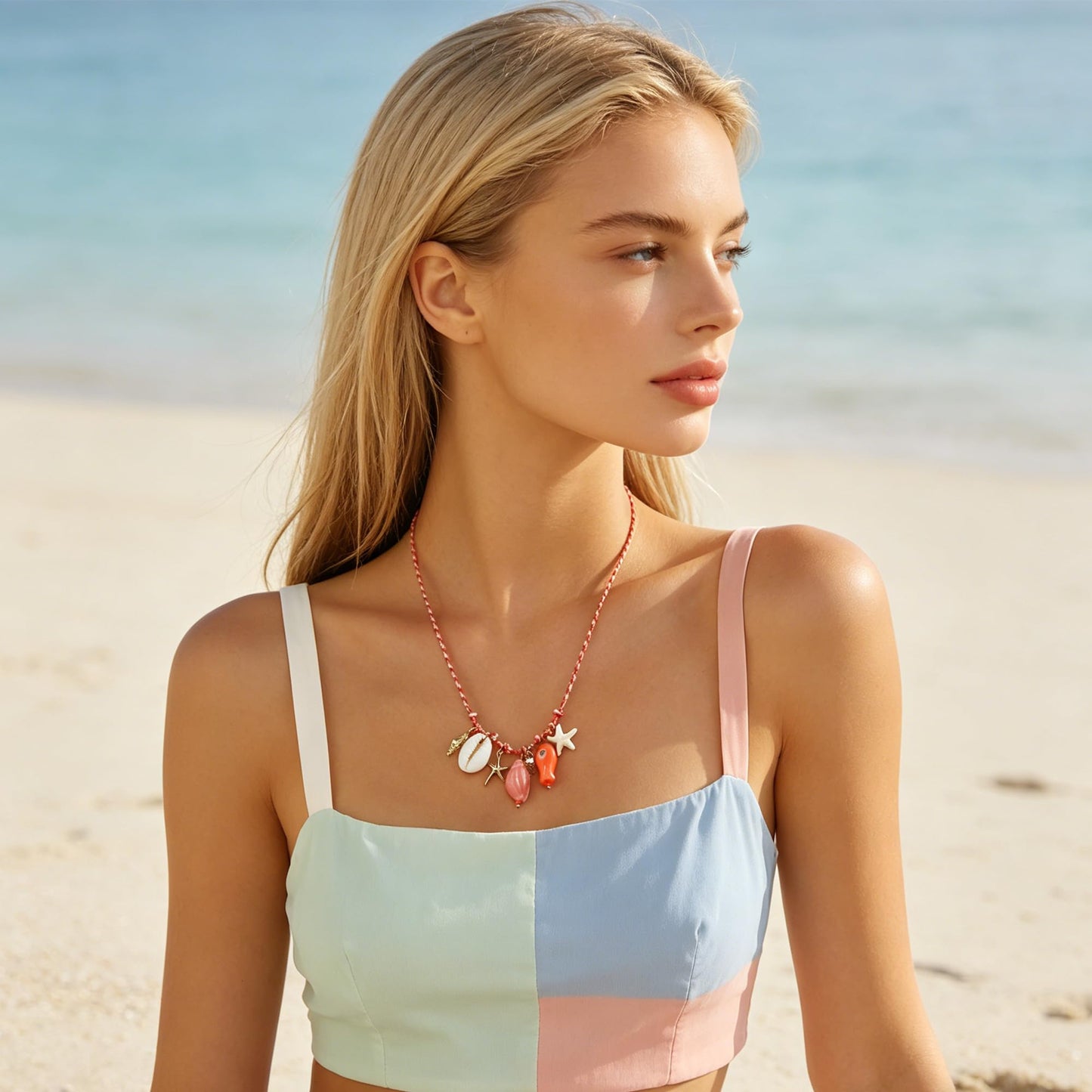 JAGWQRK Starfish Shell Charm Necklaces for Women Boho Adjustable Beaded Fish Shell Charm Necklace Hawaiian Summer Beach Surfe Party Present Jewelry