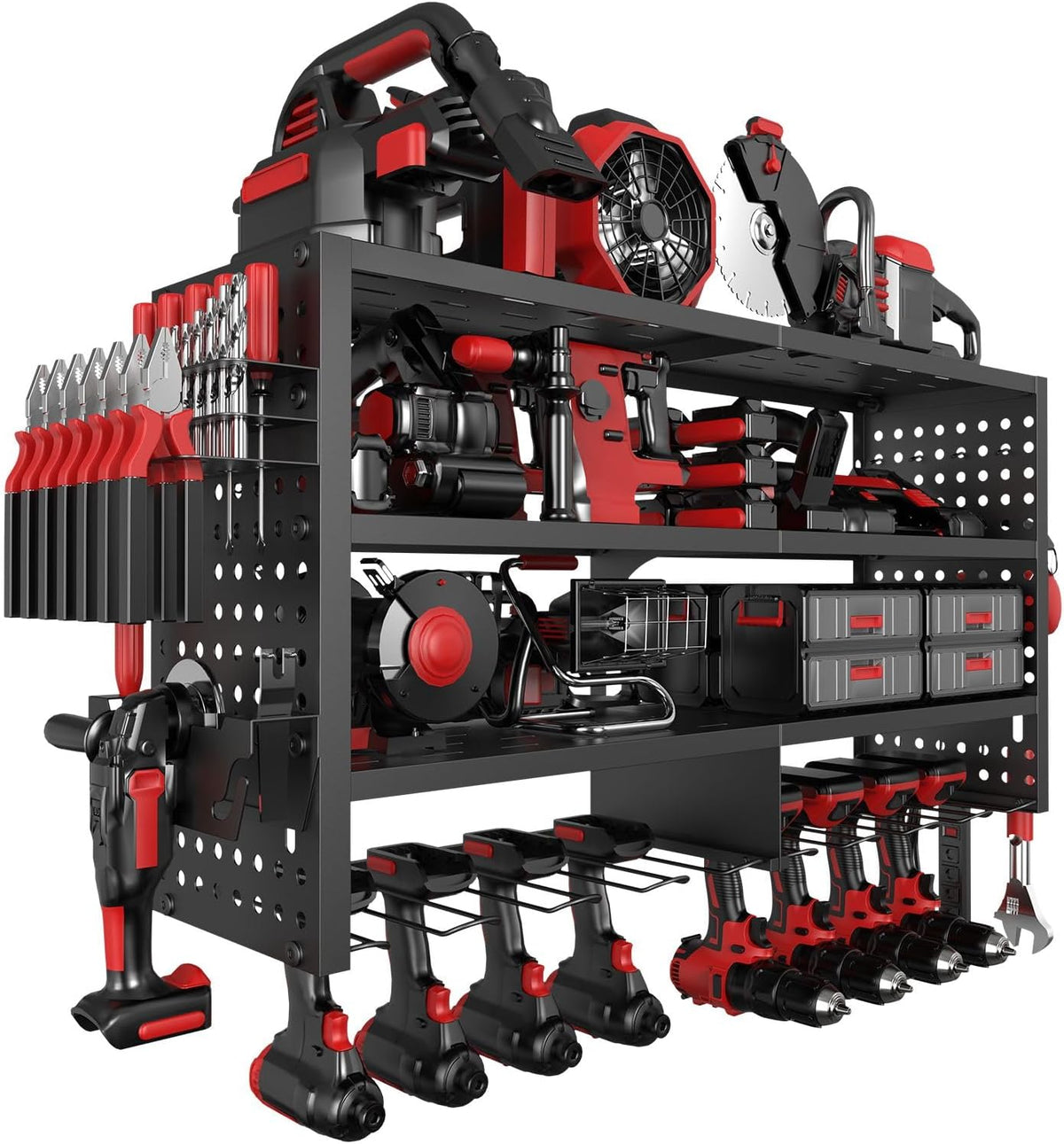 Power Tool Organizer Wall Mount, Heavy Duty 4-Tier Garage Storage Rack with Hooks and Cordless Drill Holder, Utility Racks for Screwdrivers, Pliers, Hammers,AngleGrinder, Shelf for Workbench