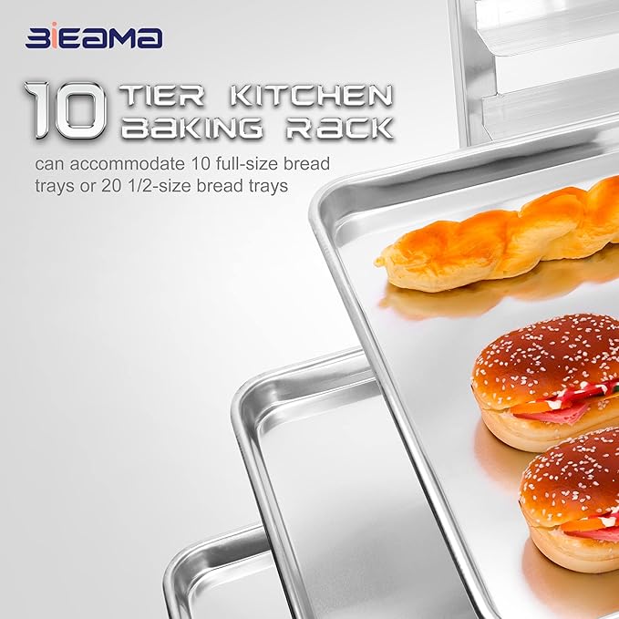 BIEAMA 10-Tier Sheet Pan Rack, NSF Bun Pan Rack, Aluminum Bakery Rack, Home Commercial Kitchen Bakery Cooling, 4 Wheels