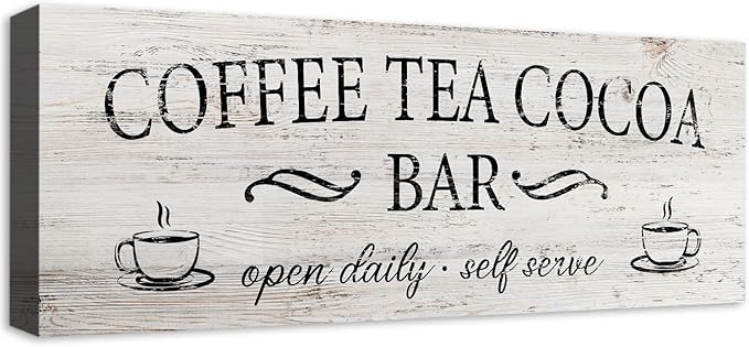 Coffee Tea Cocoa Bar Sign Decor Farmhouse Wall Plaque with Wood Grain Retro Cafe Canvas Prints for Bar Decor Open Daily Self Serve Kitchen Cafe Pub Nook Decoration Accessories 6"x17"