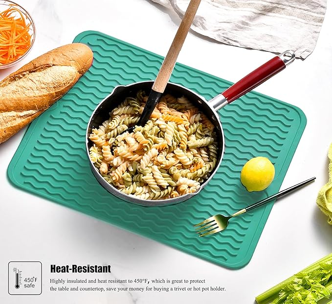 Large 14" x 11" Silicone Dish Drying Mat for Kitchen Counter, Easy clean, Quick Dry, Heat-resistant Dish Drainer Mat for Sink,Refrigerator or Drawer liner (Food Grade Silicone-Green)