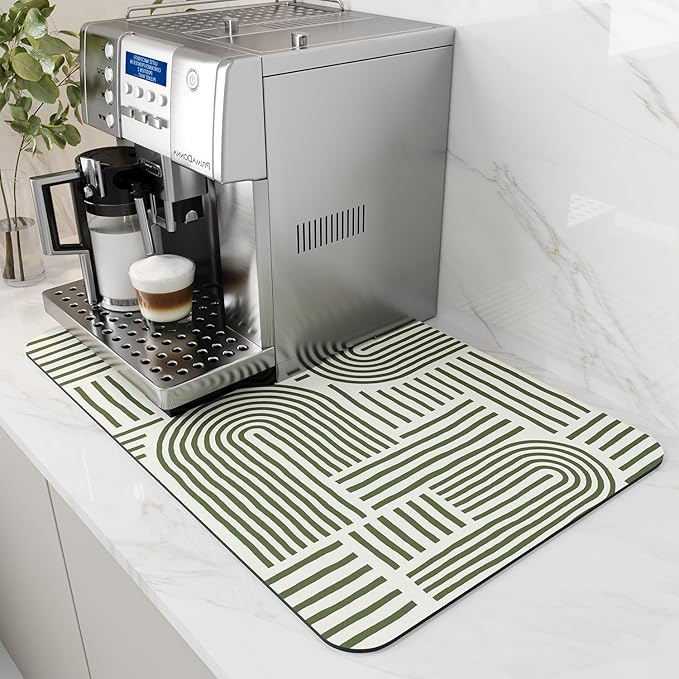 AMOAMI Coffee Mat Hide Stain Rubber Backed Absorbent Dish Drying Mat for Kitchen Counter - Fits Under Coffee Maker or Machine - Green Line 16x24