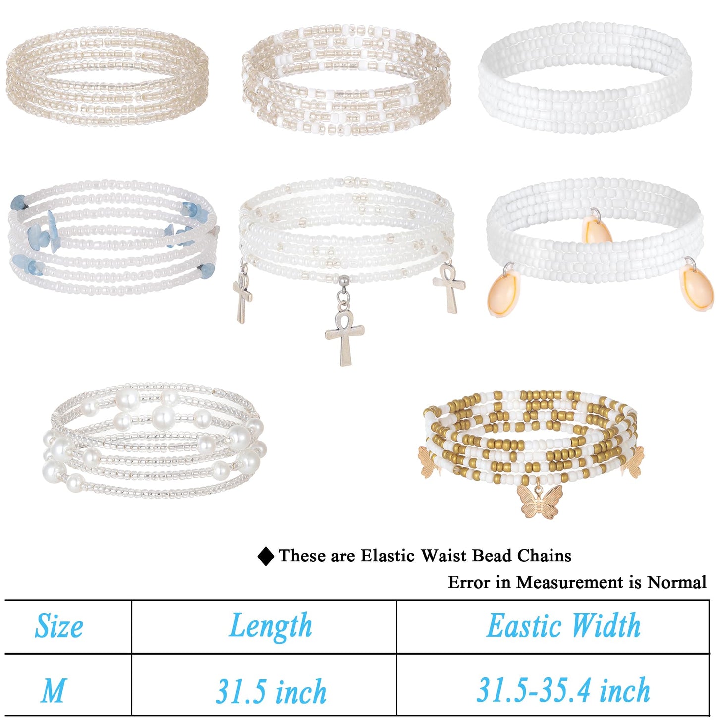 Tornito 8Pcs 31.5 Inches African Waist Bead Chain Elastic Belly Beads Butterfly Shell Layered Body Chain Colorful Jewelry Accessories for Women (C:8Pcs(White))