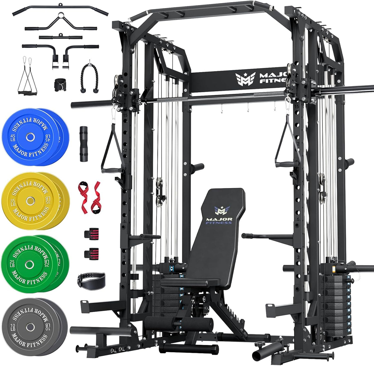 Major Fitness Drone2 Advanced Training Smith Machines– All-in-One Home Gym Squat Rack with Aluminum Pulley Set , Weight Bar, Dual LAT Pull-Down Systems & Cable Crossover Machine for Full-Body Workouts