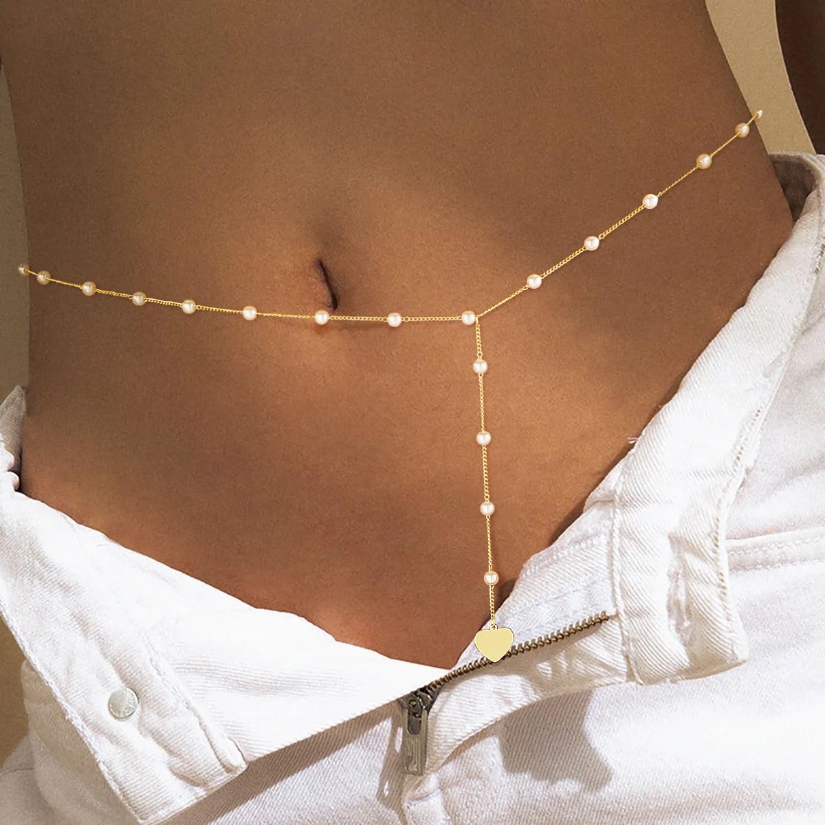 MFRYK 14K Gold Plated Waist Chain Pearl Chain With A Heart Pendant Belly Body Chain Boho Beach Waist Chains For Women Adjustable Waterproof Sexy Bikini Body Chain Jewelry For Women