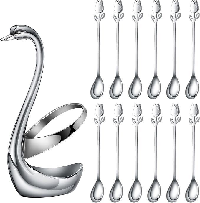 Silver Small Coffee Spoon Holder Set,Swan Base With 12 Pcs Demitasse Espresso Spoons Set,6" Mini Tulip/Rose Dessert Spoon,Stainless Steel Tea Spoons