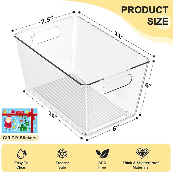 6 Pack Clear Plastic Storage Bins, Pantry Organization and Storage Bins for Kitchen-Fridge Organizer, Pantry Storage Containers, Cabinet Organizers