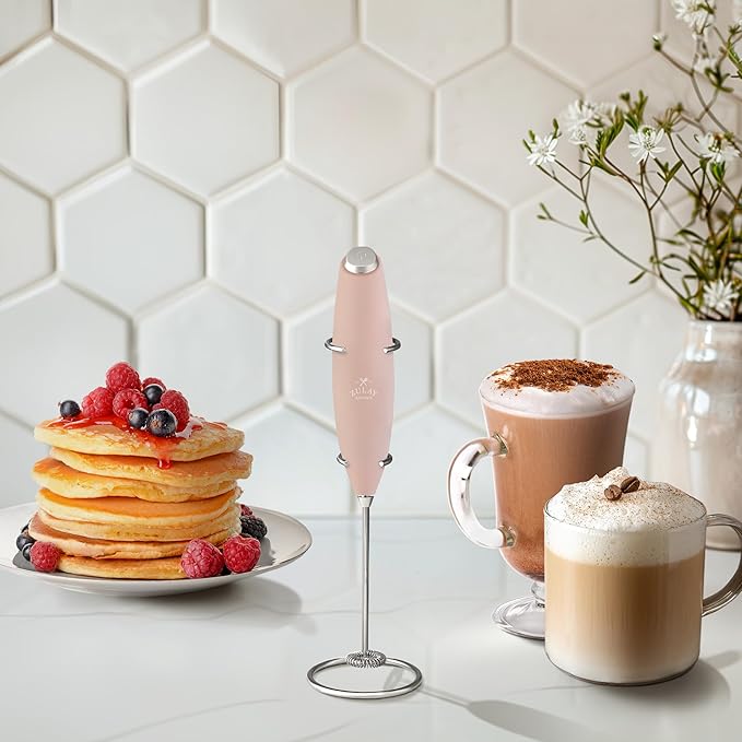 Zulay Kitchen Powerful Milk Frother Wand With 4 AA Duracell Batteries - Ultra Fast Handheld Drink Mixer - Electric Whisk Foam Maker for Coffee, Lattes, Cappuccino, Matcha & Creamer - Pink Salt