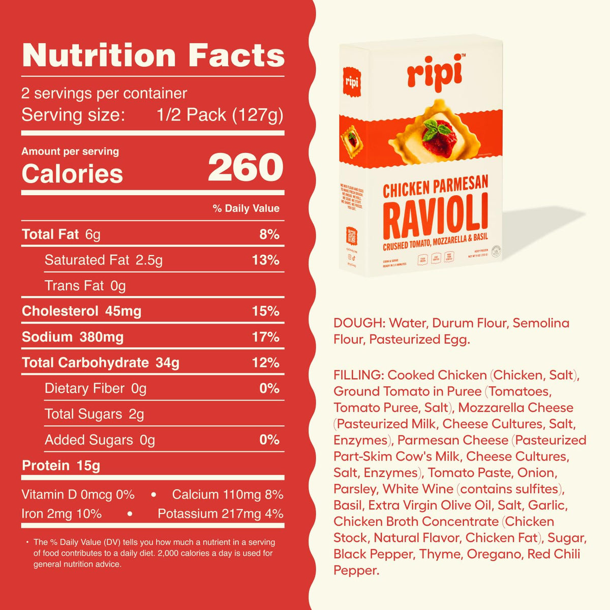 Ripi Chicken Parmesan Ravioli - Crushed Tomatoes, Mozzarella & Basil - Frozen Pasta Meal - Ready in Under 5 Minutes, 9oz packs (12 Pack, Chicken Parmesan)