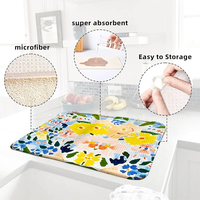 Blue and Yellow Floral Large Dish Drying Mats, Reversible Dish Drying Pads for Kitchen Counter Foldable and Stored in a Drawer,18"x24" Extra Large Draining Mat Protect for Kitchen,Bar Counter