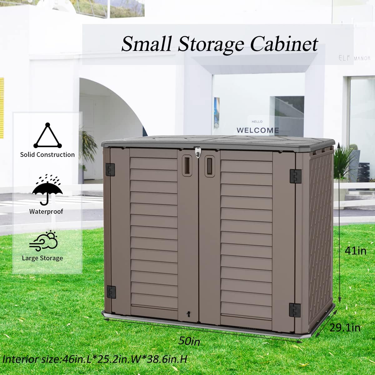 Horizontal Resin Storage Shed, 34 Horizontal Cu.ft Outdoor Storage Cabinet Waterproof for Garden/Backyard/Home/Pool, Lockable(34 Cu.ft-Brown)