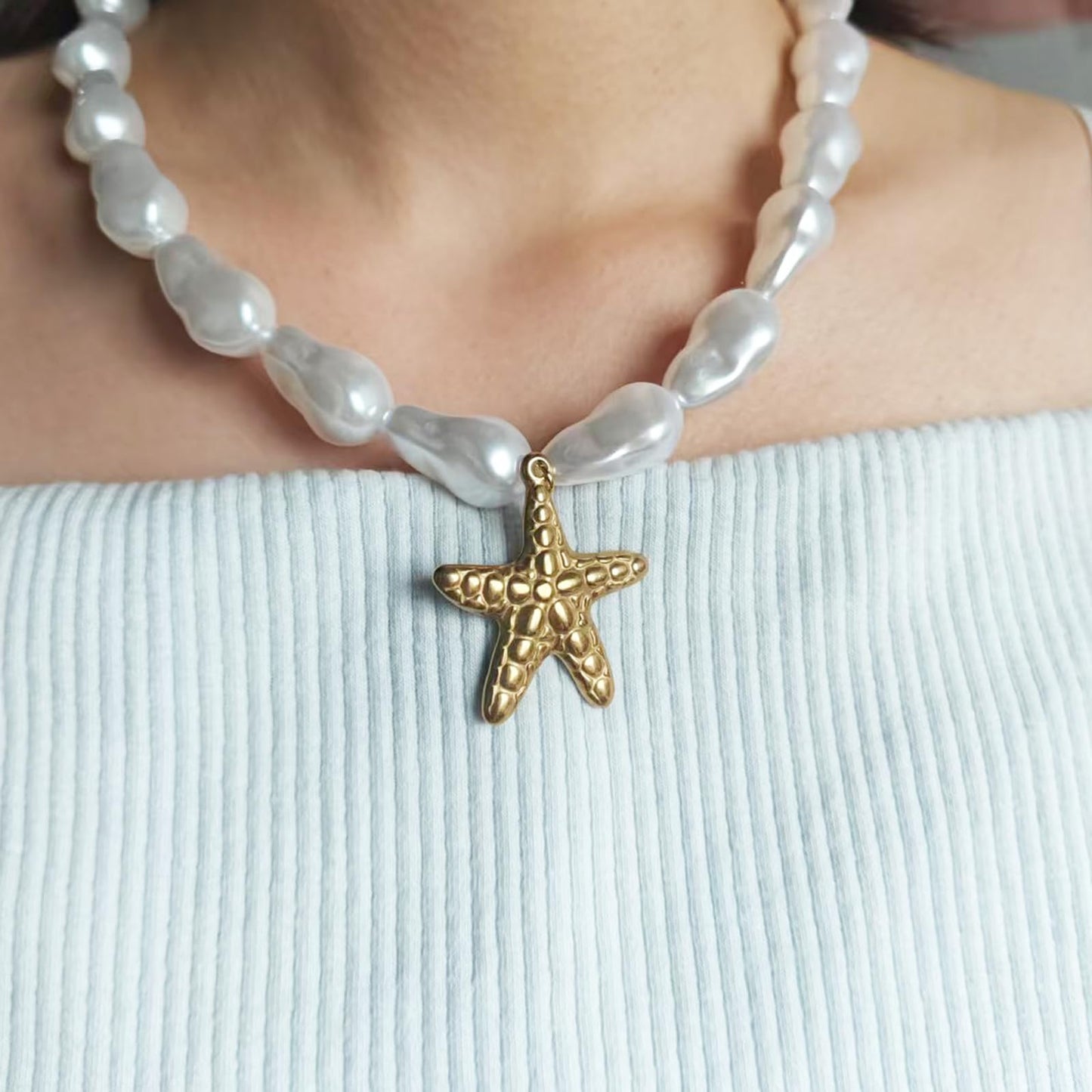 Starfish Pearl Necklace for Women Baroque Pearl Starfish Necklace Bubble Star Statement Necklaces Adjustable Baroque Star Necklaces Summer Fashion Jewelry Accessories (starfish)