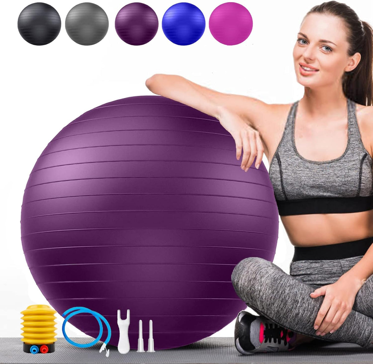 Soft Exercise Ball, Anti-Burst Yoga Ball Chair Supports 2200lbs, Stability Swiss Ball w/Pump for Pregnancy Birthing, Excersize, Workout, Fitness, Balance, Gym, Physio, Abs (Office & Home & School)