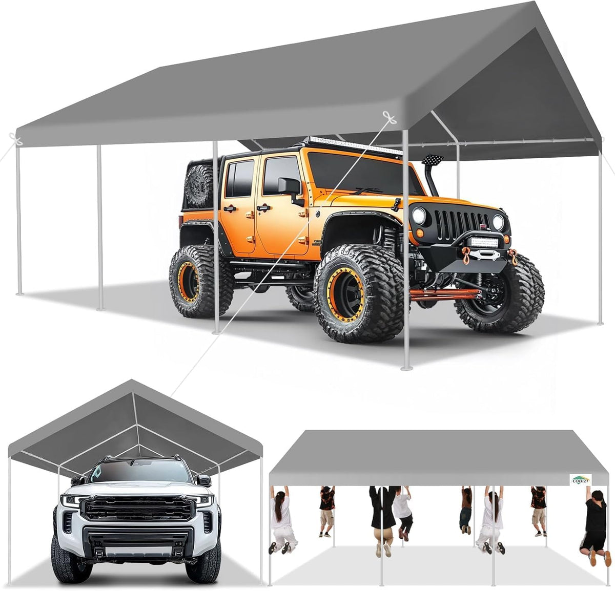 COBIZI Carport 12x20ft Heavy Duty Portable Garage, 2.0 Powder Coated Frame(Better Than Galvanized), Waterproof Shelter with Built-in Sandbags, for Car/Boat/SUV, Gray