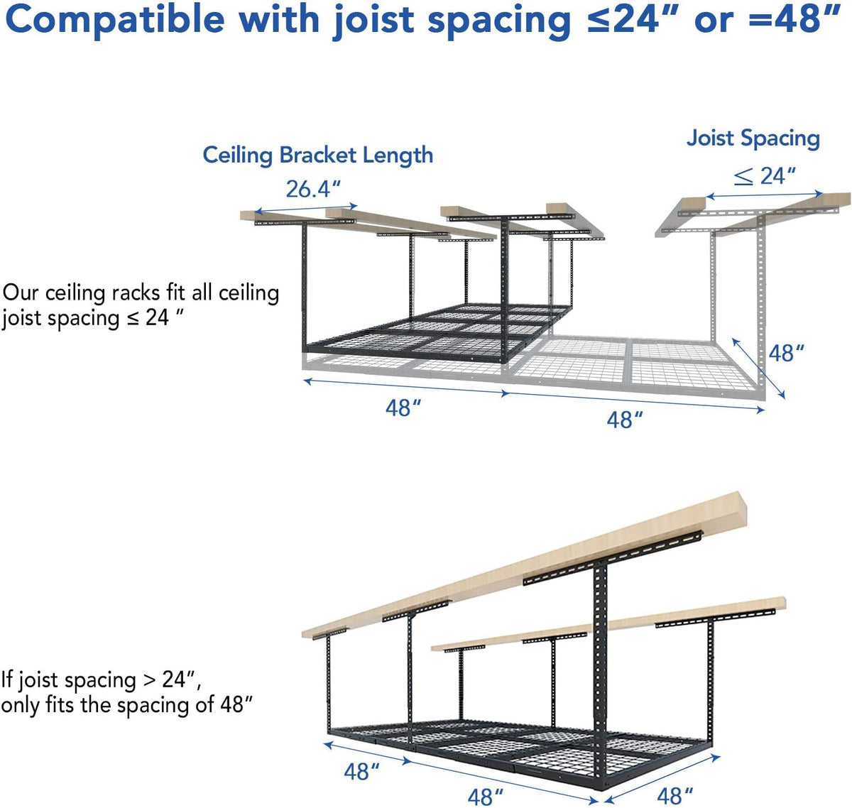FLEXIMOUNTS 4x8 Overhead Metal Garage Storage Rack w/Hooks Adjustable Ceiling Storage Rack, 96" Length x 48" Width x 40" Height, 22''-40" Ceiling Dropdown, Black