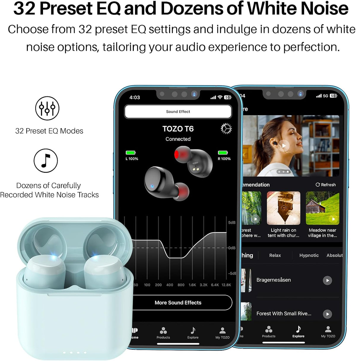 TOZO T6 Wireless Earbuds, IPX8 Waterproof Ear Buds, Stereo Bass Sound Bluetooth 5.3 Headphones in Ear, 50 Hours Playtime Earphones, Wireless Charging Case, Custom 32 EQ via APP