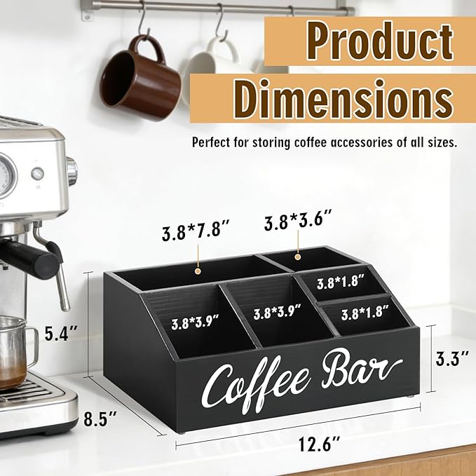 Coffee Station Organizer for Countertop, Wood Coffee Bar Organizer for Farmhouse Coffee Bar Decor, Tea Condiment Storage Organizer, Coffee Pod Holder and Coffee Bar Accessories
