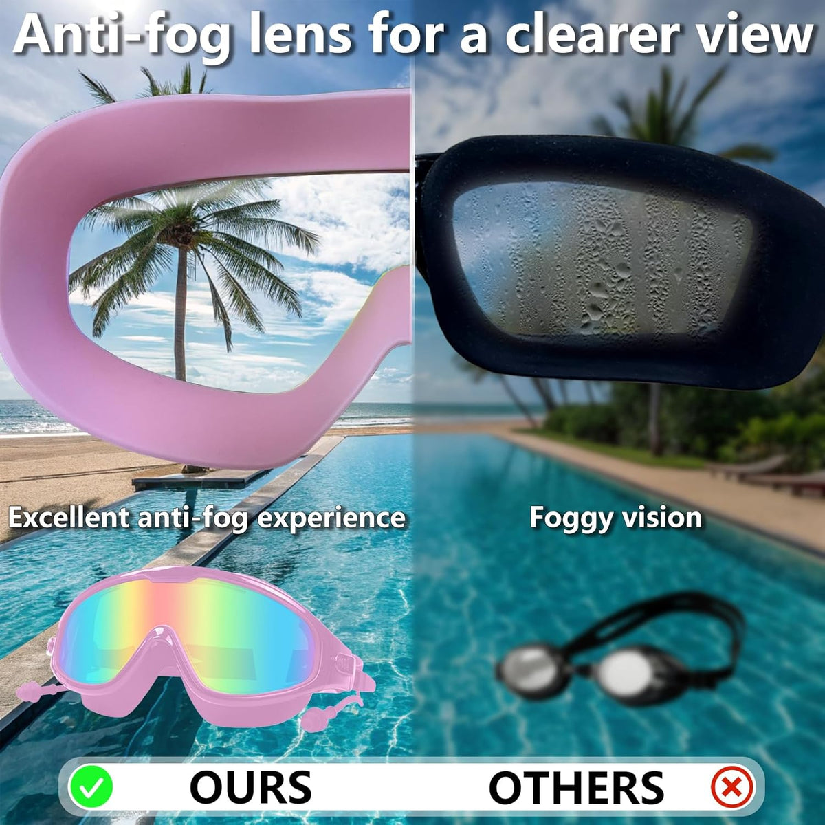 Adult Swimming Goggles for Women Men,No Leak No Fog Wide View, Sunglass Goggle with Earplugs and Nose Clip